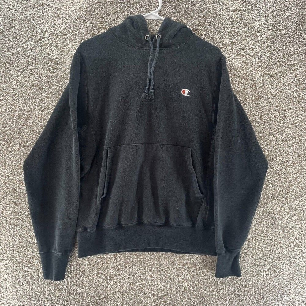 Champion Hoodie Sweatshirt Mens Small Black Pullover Reverse‎ Weave Cotton Logo